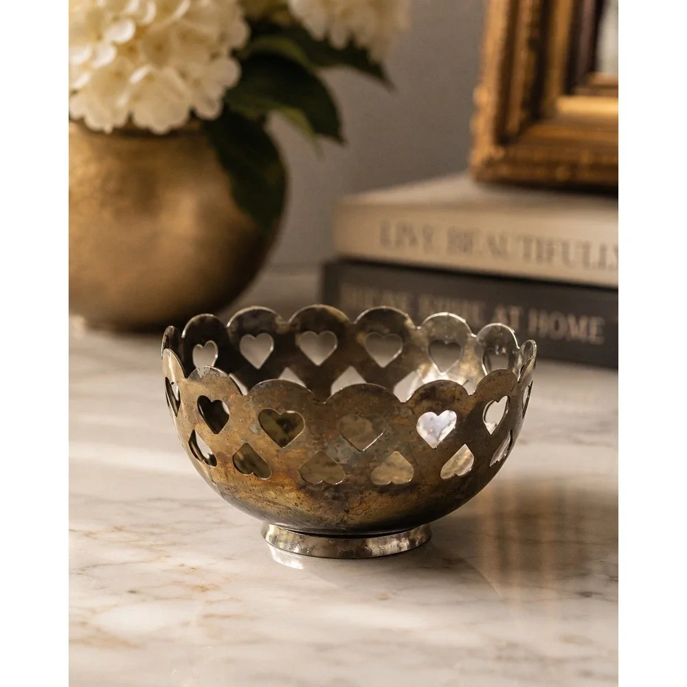 Vintage Silverplate Heart Cutout Pedestal Bowl | Romantic Cottage Decor